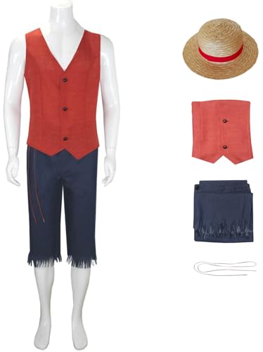 Windskids Luffy Kostüm mit Hut Herren Cosplay Movie Piraten Könige Four Emperors Luffy Uniform Top Hose Gürtel Set für Halloween Karneval Party Geburtstag Maskerade Anime Performance Verkleidung von Windskids