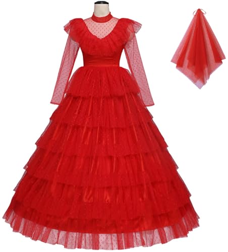 Windskids Lydia Kostüm mit Schleier Damen Fasching Cosplay Beetle J'uice Lydia Gothic Geisterbraut Multilevel Spitze Tüll Maxi Brautkleid für Halloween Karneval Party Maskerade Verkleidung, Rot von Windskids