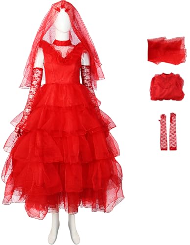 Windskids Lydia Kostüm mit Schleier und Handschuhe Damen Fasching Cosplay Beetle J'uice Lydia Gothic Geisterbraut Spitze Tüll Maxi Brautkleid für Halloween Karneval Party Maskerade Verkleidung, Rot von Windskids