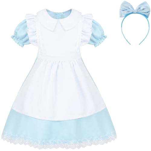 Windskids Mädchen Alice Maid Kostüm Blau Lolita Dienstmädchen Outfit Kleid und Schürze Kopfbedeckung Anzug für Kinder Halloween Weihnachten Karneval Party Geburtstag Maskerade Performance Verkleidung von Windskids