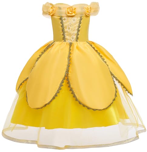 Windskids Mädchen Belle Kostüm Die Schöne und das Biest Prinzessin Belle Floral Fasching Festkleid mit Zubehör für Weihnachten Karneval Halloween Party Fest Geburtstag Verkleidung, Gelb, 3-12 Jahre von Windskids