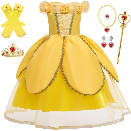 Windskids Mädchen Belle Kostüm Die Schöne und das Biest Prinzessin Belle Floral Fasching Festkleid mit Zubehör für Weihnachten Karneval Halloween Party Fest Geburtstag Verkleidung, Gelb, 3-12 Jahre von Windskids