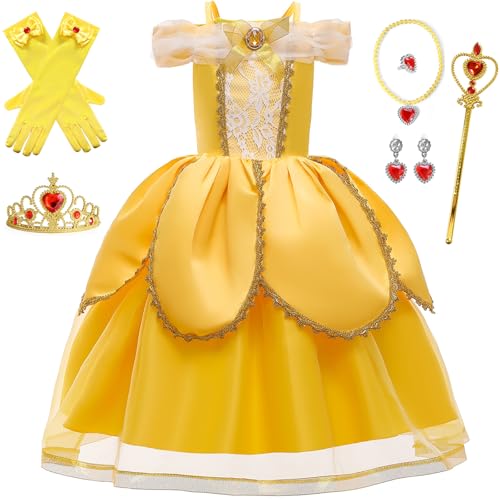 Windskids Mädchen Belle Kostüm Die Schöne und das Biest Prinzessin Belle Spitze Floral Fasching Festkleid mit Zubehör für Weihnachten Karneval Halloween Party Geburtstag Verkleidung, Gelb, 3-12 Jahre von Windskids