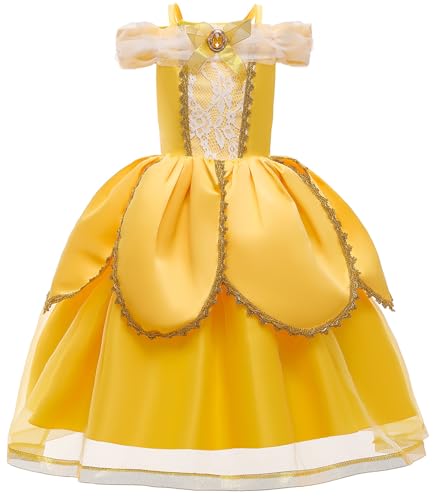 Windskids Mädchen Belle Kostüm Die Schöne und das Biest Prinzessin Belle Spitze Floral Fasching Festkleid mit Zubehör für Weihnachten Karneval Halloween Party Geburtstag Verkleidung, Gelb, 3-12 Jahre von Windskids