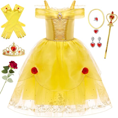 Windskids Mädchen Belle Kostüm Die Schöne und das Biest Prinzessin Belle Tüll Floral Fasching Festkleid mit Zubehör für Weihnachten Karneval Halloween Party Geburtstag Verkleidung, Gelb, 3-12 Jahre von Windskids