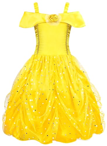 Windskids Mädchen Belle Kostüm Fasching Cosplay Die Schöne und das Biest Prinzessin Belle Festkleid mit Zubehör für Weihnachten Karneval Halloween Party Geburtstag Verkleidung, Gelb, 2-12 Jahre von Windskids