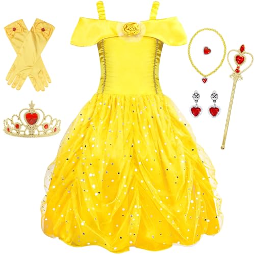 Windskids Mädchen Belle Kostüm Fasching Cosplay Die Schöne und das Biest Prinzessin Belle Festkleid mit Zubehör für Weihnachten Karneval Halloween Party Geburtstag Verkleidung, Gelb, 2-12 Jahre von Windskids