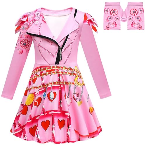 Windskids Mädchen Bridget Kostüm Fasching Cosplay Descendants Rise of Red Bridget Drucke Kleid und Hose Handschuhe für Kinder Halloween Karneval Party Geburtstag Maskerade Performance Verkleidung von Windskids