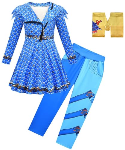 Windskids Mädchen Chloe Kostüm Fasching Cosplay Descendants Rise of Red Chloe Drucke Kleid und Hose Handschuhe für Kinder Halloween Karneval Party Geburtstag Maskerade Performance Verkleidung, Blau von Windskids