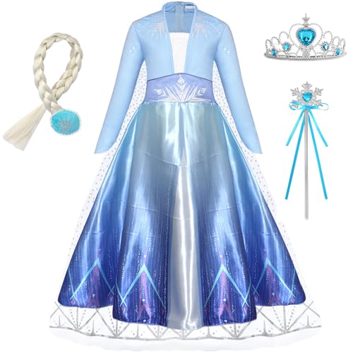 Windskids Mädchen ELSA Eiskönigin 2 Kostüm, Langarm Elsa Umhangkleid mit Krone Stab Zopf Anzug 4 Stück für Kinder Halloween Weihnachten Karneval Party Geburtstag Maskerade Verkleidung, Blau, 3-9 Jahre von Windskids