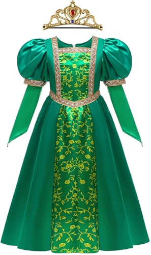 Windskids Mädchen Fiona Kostüm mit Krone Fasching Cosplay Prinzessin Fiona Vintage Langarm Abendkleid und Perücke für Weihnachten Karneval Halloween Party Fest Geburtstag Verkleidung, 4-9 Jahre von Windskids