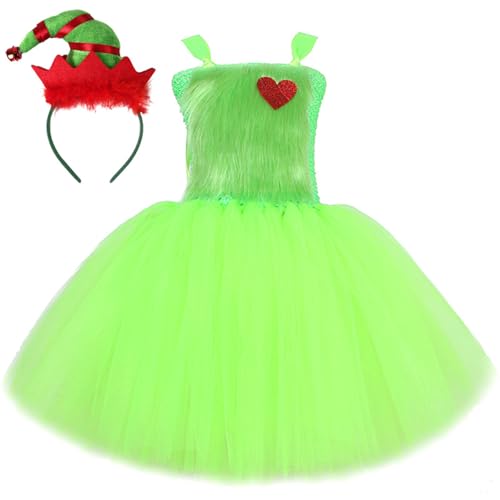 Windskids Mädchen Grinch Kostüm Fasching Christmas Grinch Ballerina Tutu Mesh Kleid mit Zubehör für Halloween Weihnachten Karneval Party Geburtstag Maskerade Performance Verkleidung, 2-12 Jahre von Windskids