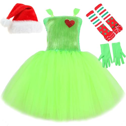 Windskids Mädchen Grinch Kostüm Fasching Christmas Grinch Ballerina Tutu Mesh Kleid mit Zubehör für Halloween Weihnachten Karneval Party Geburtstag Maskerade Performance Verkleidung, 2-12 Jahre von Windskids