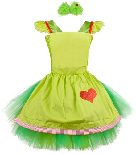 Windskids Mädchen Grinch Kostüm Fasching Christmas Grinch Ballerina Tutu Schürzenkleid mit Kopfbedeckung für Halloween Weihnachten Karneval Party Geburtstag Maskerade Verkleidung, 6 Monate - 12 Jahre von Windskids