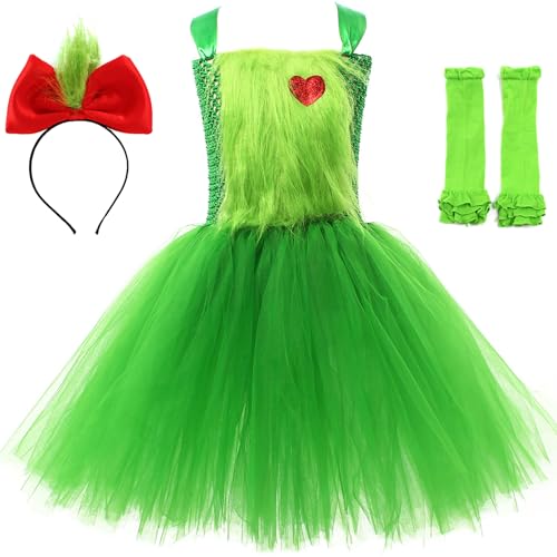 Windskids Mädchen Grinch Kostüm Fasching Christmas Grinch Ballerina Tutu Tüll Kleid mit Stirnband Socken Anzug für Halloween Weihnachten Karneval Party Geburtstag Maskerade Verkleidung, 2-12 Jahre von Windskids