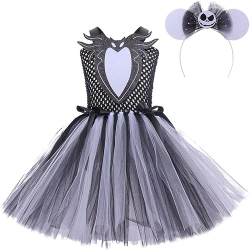 Windskids Mädchen Jack Kostüm Fasching Cosplay Jack Skellington Ballerina Tutu Tüll Kleid Stirnband für Fancy Dress Up Halloween Karneval Party Geburtstag Maskerade Verkleidung, 3-12 Jahre von Windskids