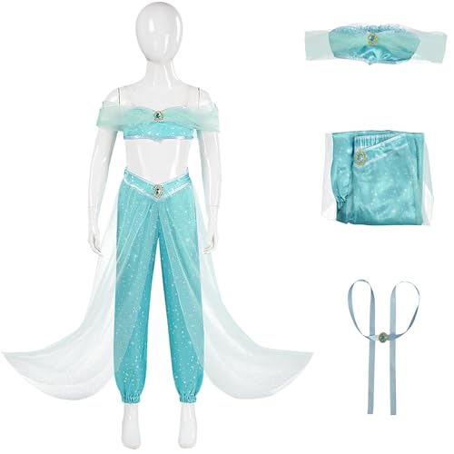 Windskids Mädchen Jasmin Kostüm Fasching Arabisch Prinzessin Jasmin Bauchtanz Top und Hose Kopfbedeckung Anzug für Halloween Weihnachten Karneval Party Geburtstag Maskerade Performance Verkleidung von Windskids