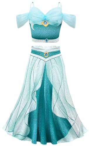 Windskids Mädchen Jasmine Kostüm Fasching Arabisch Prinzessin Jasmine Bauchtanz Outfit Oberteil und Rock Anzug 2 Stück für Kinder Halloween Weihnachten Karneval Party Geburtstag Maskerade Verkleidung von Windskids