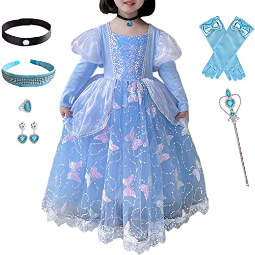 Windskids Mädchen Kostüm Aschenputtel Prinzessin Kleid Verkleidung Cinderella Schmetterling Tüll Abendkleid Cosplay Weihnachten Fasching Halloween Geburtstagsfeier Festkleid Blau Kinder 3-9 Jahre von Windskids