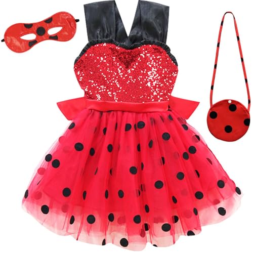 Windskids Mädchen Ladybug Kostüm Fasching Cosplay Pailletten Tüll Abendkleid mit Augenmaske Tasche für Fancy Dress Up Halloween Weihnachten Karneval Party Geburtstag Kinder Verkleidung, Rot von Windskids