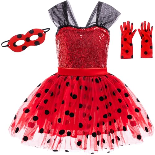 Windskids Mädchen Ladybug Kostüm Fasching Cosplay Pailletten Tüll Abendkleid mit Zubehör für Fancy Dress Up Halloween Weihnachten Karneval Party Geburtstag Kinder Verkleidung, Rot, 2-11 Jahre von Windskids