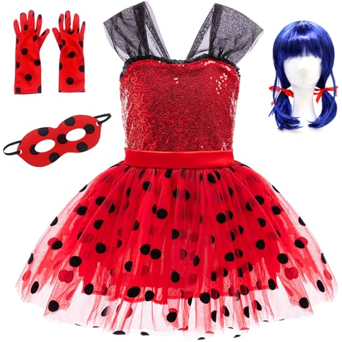 Windskids Mädchen Ladybug Kostüm Fasching Cosplay Pailletten Tüll Abendkleid mit Zubehör für Fancy Dress Up Halloween Weihnachten Karneval Party Geburtstag Kinder Verkleidung, Rot, 2-11 Jahre von Windskids