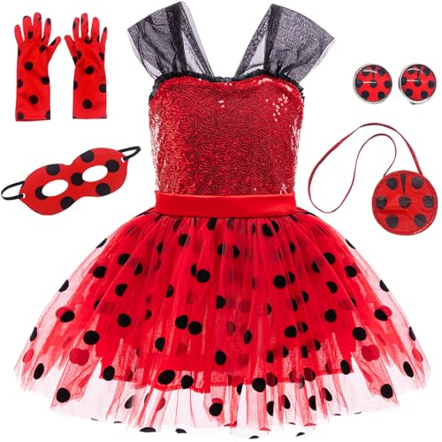 Windskids Mädchen Ladybug Kostüm Fasching Cosplay Pailletten Tüll Abendkleid mit Zubehör für Fancy Dress Up Halloween Weihnachten Karneval Party Geburtstag Kinder Verkleidung, Rot, 2-11 Jahre von Windskids