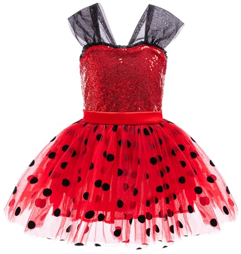 Windskids Mädchen Ladybug Kostüm Fasching Cosplay Pailletten Tüll Abendkleid mit Zubehör für Fancy Dress Up Halloween Weihnachten Karneval Party Geburtstag Kinder Verkleidung, Rot, 2-11 Jahre von Windskids