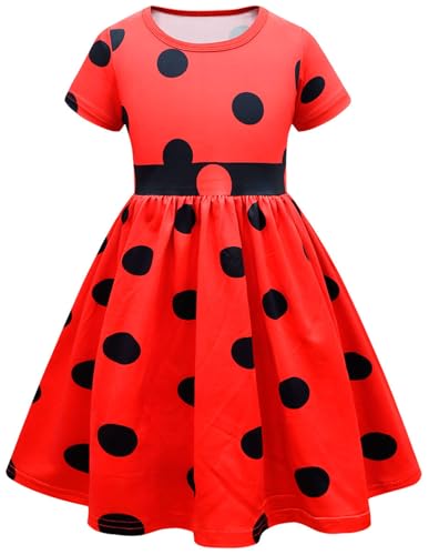 Windskids Mädchen Ladybug Kostüm Fasching Cosplay Punkte Drucke Ballerina Kleid mit Augenmaske Tasche für Fancy Dress Up Halloween Weihnachten Karneval Party Geburtstag Kinder Verkleidung, Rot von Windskids