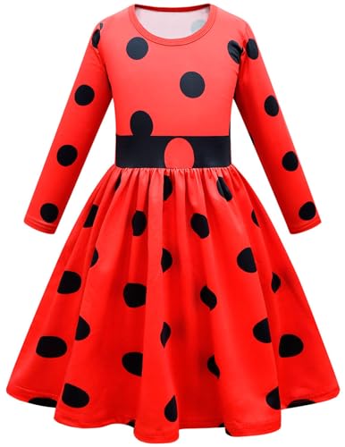 Windskids Mädchen Ladybug Kostüm Fasching Cosplay Punkte Drucke Ballerina Langarm Kleid mit Augenmaske Tasche für Fancy Dress Up Halloween Weihnachten Karneval Party Geburtstag Kinder Verkleidung, Rot von Windskids