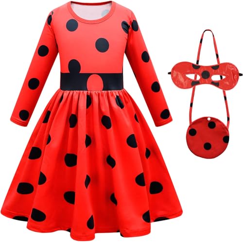 Windskids Mädchen Ladybug Kostüm Fasching Cosplay Punkte Drucke Ballerina Langarm Kleid mit Augenmaske Tasche für Fancy Dress Up Halloween Weihnachten Karneval Party Geburtstag Kinder Verkleidung, Rot von Windskids