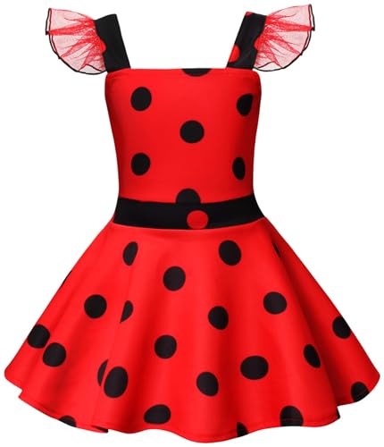 Windskids Mädchen Ladybug Kostüm Fasching Cosplay Rot Punkte Ballerina Kleid mit Augenmaske Tasche für Fancy Dress Up Halloween Weihnachten Karneval Party Geburtstag Performance Kinder Verkleidung von Windskids