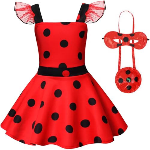 Windskids Mädchen Ladybug Kostüm Fasching Cosplay Rot Punkte Ballerina Kleid mit Augenmaske Tasche für Fancy Dress Up Halloween Weihnachten Karneval Party Geburtstag Performance Kinder Verkleidung von Windskids