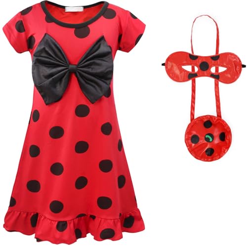 Windskids Mädchen Ladybug Kostüm Fasching Cosplay Rot Punkte Ballerina Kleid mit Augenmaske Tasche für Fancy Dress Up Halloween Weihnachten Karneval Party Geburtstag Verkleidung Kinder 2-9 Jahre von Windskids