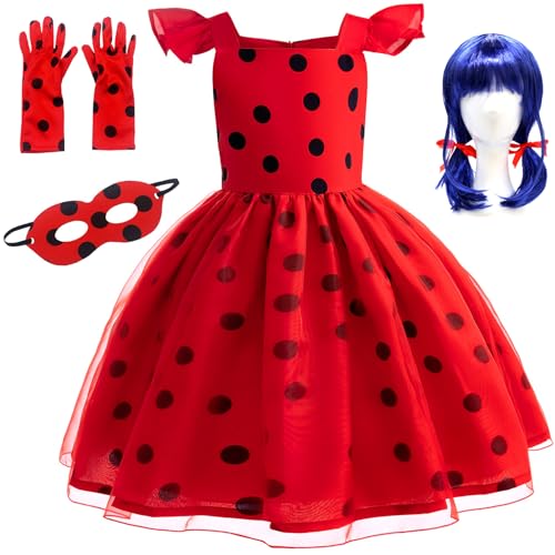 Windskids Mädchen Ladybug Kostüm Fasching Cosplay Rot Punkte Drucke Abendkleid mit Zubehör für Fancy Dress Up Halloween Weihnachten Karneval Party Geburtstag Kinder Verkleidung, 2-11 Jahre von Windskids