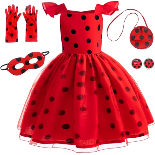 Windskids Mädchen Ladybug Kostüm Fasching Cosplay Rot Punkte Drucke Abendkleid mit Zubehör für Fancy Dress Up Halloween Weihnachten Karneval Party Geburtstag Kinder Verkleidung, 2-11 Jahre von Windskids