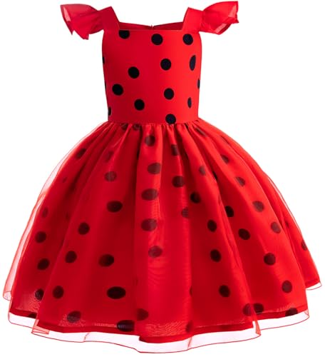 Windskids Mädchen Ladybug Kostüm Fasching Cosplay Rot Punkte Drucke Abendkleid mit Zubehör für Fancy Dress Up Halloween Weihnachten Karneval Party Geburtstag Kinder Verkleidung, 2-11 Jahre von Windskids