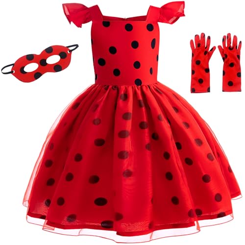 Windskids Mädchen Ladybug Kostüm Fasching Cosplay Rot Punkte Drucke Abendkleid mit Zubehör für Fancy Dress Up Halloween Weihnachten Karneval Party Geburtstag Kinder Verkleidung, 2-11 Jahre von Windskids