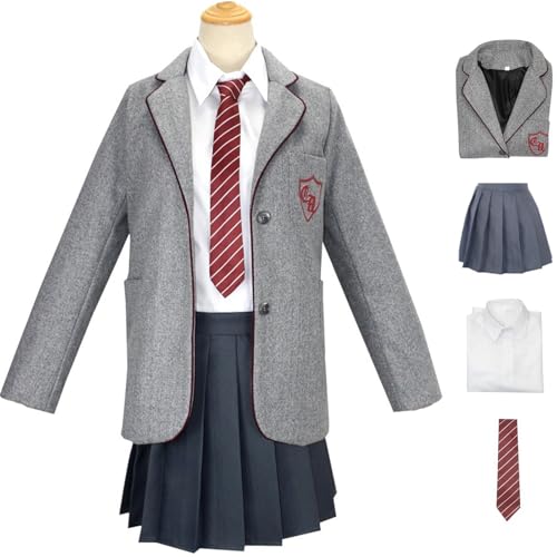 Windskids Mädchen Matilda Kostüm Fasching Cosplay Musical Matilda Komplett Schuluniformen Jacke Hemd Rock Krawatte Set 4 Stück für Halloween Karneval Party Maskerade Performance Verkleidung, Hellgrau von Windskids