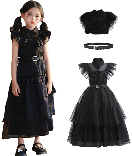 Windskids Mädchen Mittwoch Kostüm Fasching Gothic Family Mittwoch Ballkleid und Gürtel Kinder Halloween Karneval Geburtstag Party Fest Verkleidung, Schwarz, 4-10 Jahre von Windskids