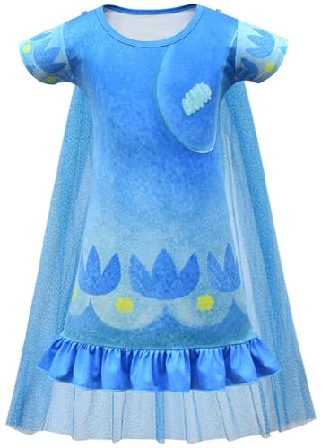 Windskids Mädchen Poppy Kostüm Fasching Cosplay Elf Prinzessin Poppy Drucke Kleid mit Umhang und Perücke für Fancy Dress Up Halloween Weihnachten Karneval Party Geburtstag Verkleidung, Blau von Windskids