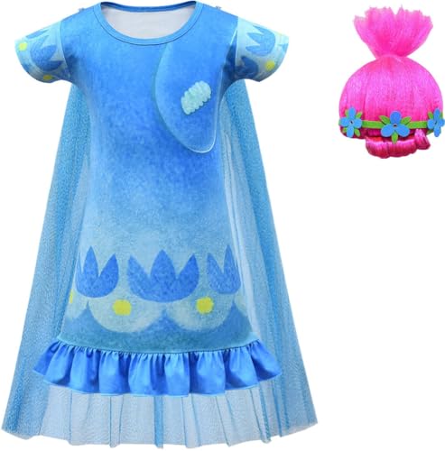 Windskids Mädchen Poppy Kostüm Fasching Cosplay Elf Prinzessin Poppy Drucke Kleid mit Umhang und Perücke für Fancy Dress Up Halloween Weihnachten Karneval Party Geburtstag Verkleidung, Blau von Windskids