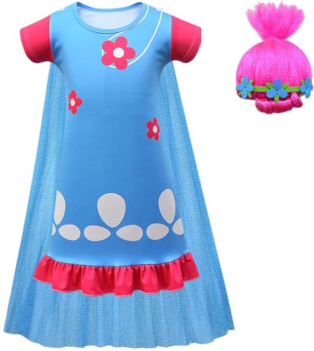 Windskids Mädchen Poppy Kostüm Fasching Cosplay Elf Prinzessin Poppy Drucke Kleid mit Umhang und Perücke für Fancy Dress Up Halloween Weihnachten Karneval Party Geburtstag Verkleidung von Windskids