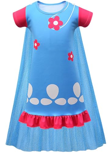 Windskids Mädchen Poppy Kostüm Fasching Cosplay Elf Prinzessin Poppy Drucke Kleid mit Umhang und Perücke für Fancy Dress Up Halloween Weihnachten Karneval Party Geburtstag Verkleidung von Windskids