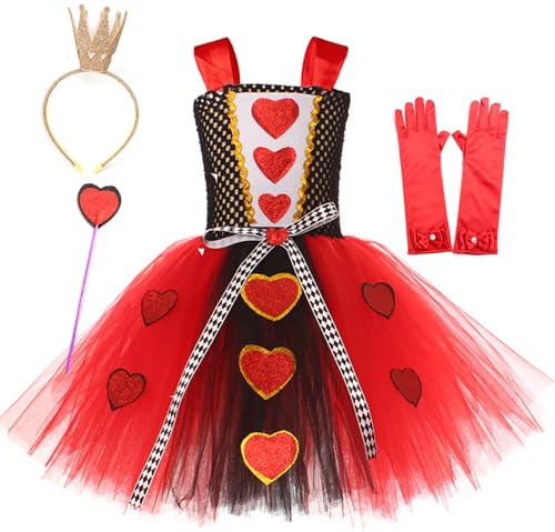 Windskids Mädchen Queen of Hearts Kostüm Fasching Cosplay Alice Queen of Hearts Ballerina Tüll Tutu Kleid Krone Zauberstab Handschuhe Set für Halloween Karneval Party Geburtstag Verkleidung 2-12 Jahre von Windskids