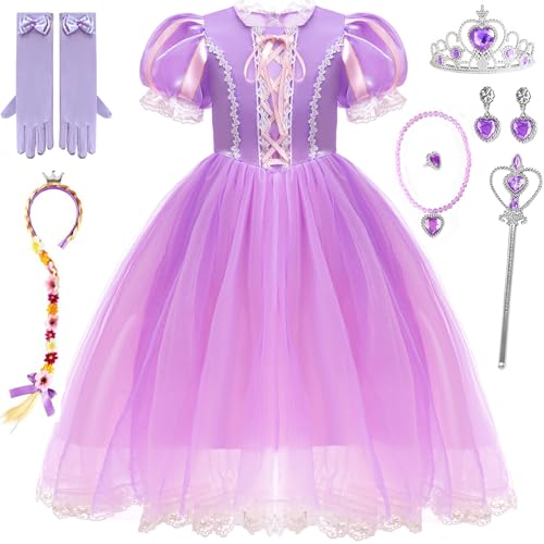 Windskids Mädchen Rapunzel Kostüm, Maxi Spitze Tüll Blasenärmel Rapunzel Kleider mit Zopf Weihnachten Karneval Halloween Geburtstag Party Fest Hochzeit Rapunzel Kostüm Verkleidung, Lila, 3-12 Jahre von Windskids