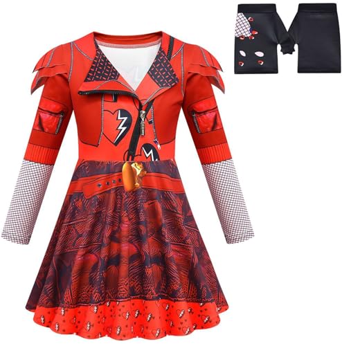 Windskids Mädchen Red Kostüm Fasching Cosplay Descendants Rise of Red Drucke Kleid und Hose Handschuhe für Kinder Halloween Karneval Party Geburtstag Maskerade Performance Verkleidung von Windskids