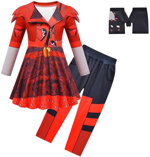 Windskids Mädchen Red Kostüm Fasching Cosplay Descendants Rise of Red Drucke Kleid und Hose Handschuhe für Kinder Halloween Karneval Party Geburtstag Maskerade Performance Verkleidung von Windskids