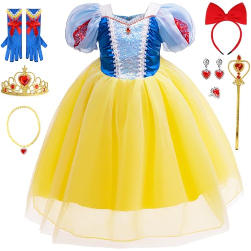 Windskids Mädchen Schneewittchen Kostüm, Pailletten Tüll Blasenärmel Schneewittchen Kleider mit Umhang Weihnachten Karneval Halloween Geburtstag Party Fest Snow White Kostüm Verkleidung, 3-13 Jahre von Windskids