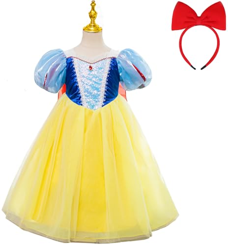 Windskids Mädchen Schneewittchen Kostüm, Pailletten Tüll Blasenärmel Schneewittchen Kleider mit Umhang Weihnachten Karneval Halloween Geburtstag Party Fest Snow White Kostüm Verkleidung, 3-13 Jahre von Windskids